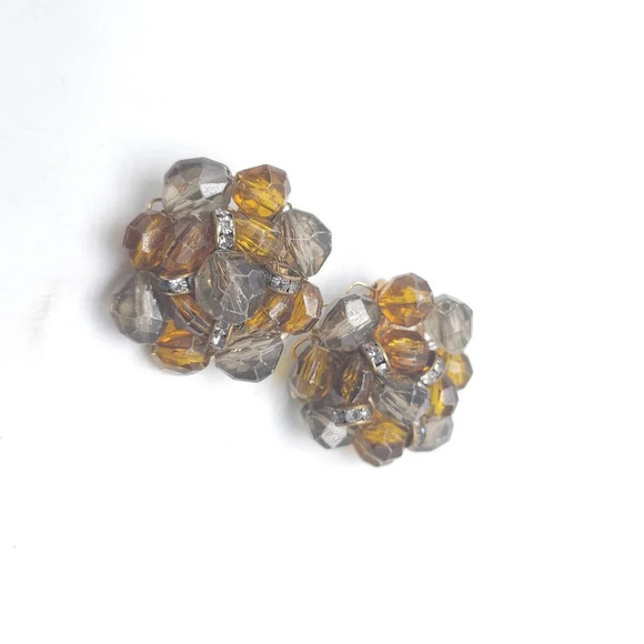 Vintage Castlecliff Amber Gray Crystal Cluster Clip-On Earrings - Picture 2 of 5